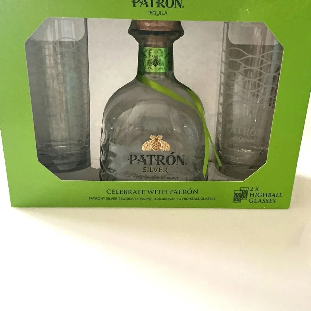 PATRON TEQUILA BOTTLE WITH BAR GLASSES SET NEW BOTTLE DESIGN EMPTY BOTTLE